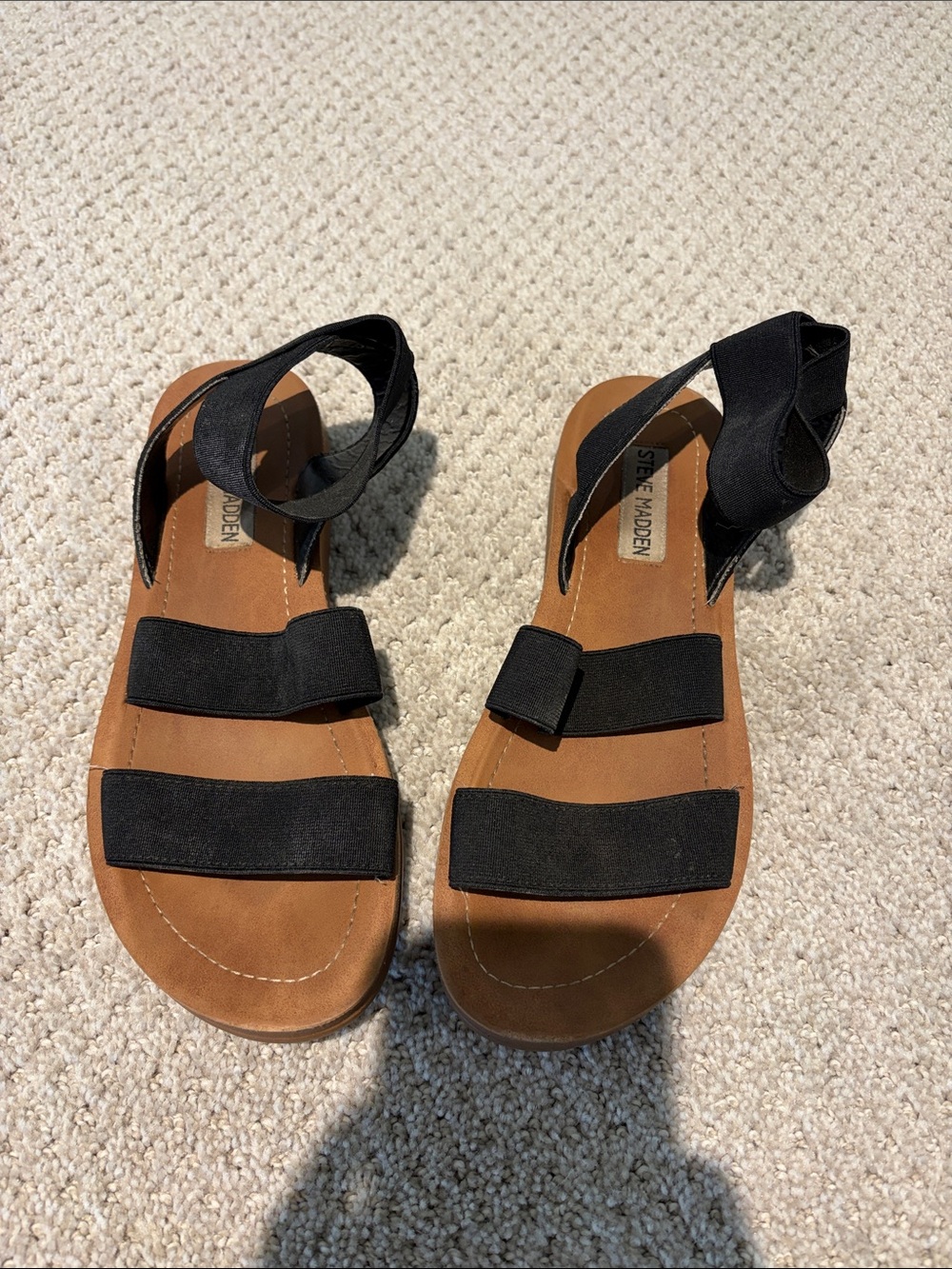 Steve Madden Black and Tan Elastic Strap Sandals
